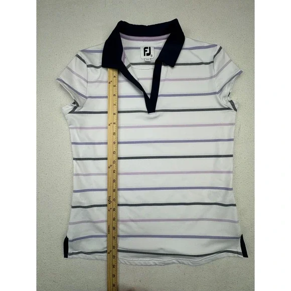 FootJoy Polo Shirt Women's Small White Purple Striped V-Neck Golf Top - Picture 5 of 7